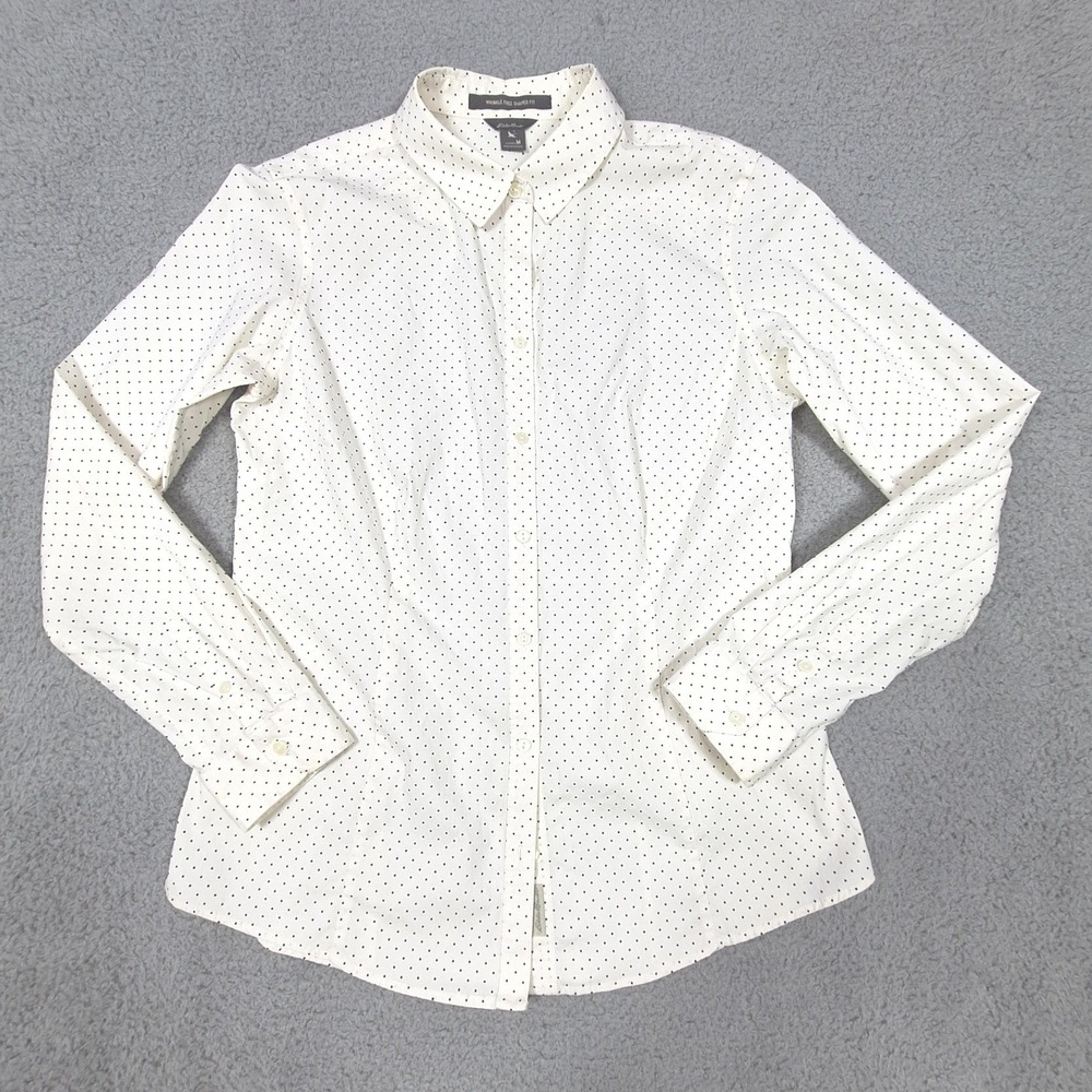 Eddie Bauer Button Down Womens Medium White Polka Dot Wrinkle Free Shaped Shirt